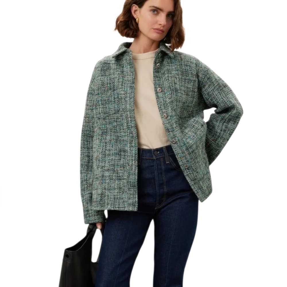 Derek Lam 10 Crosby Blue Green Tweed Button Up Shacket Size 8 US